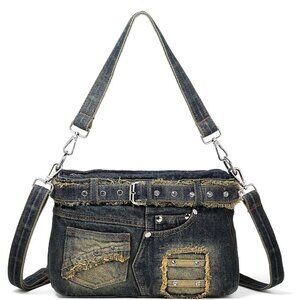 Denim Crossbody Bag Women Rhinestones Zipper Purses for Casual Wear